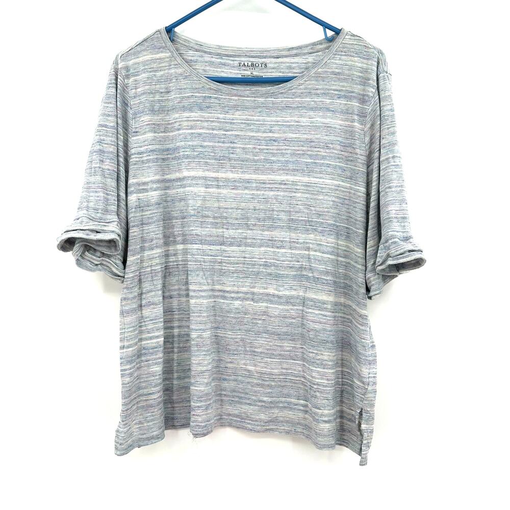 Talbots Size XL Shirt Gray Stripe Short Bell Sleeve Round‎ Neck Neutral Casual